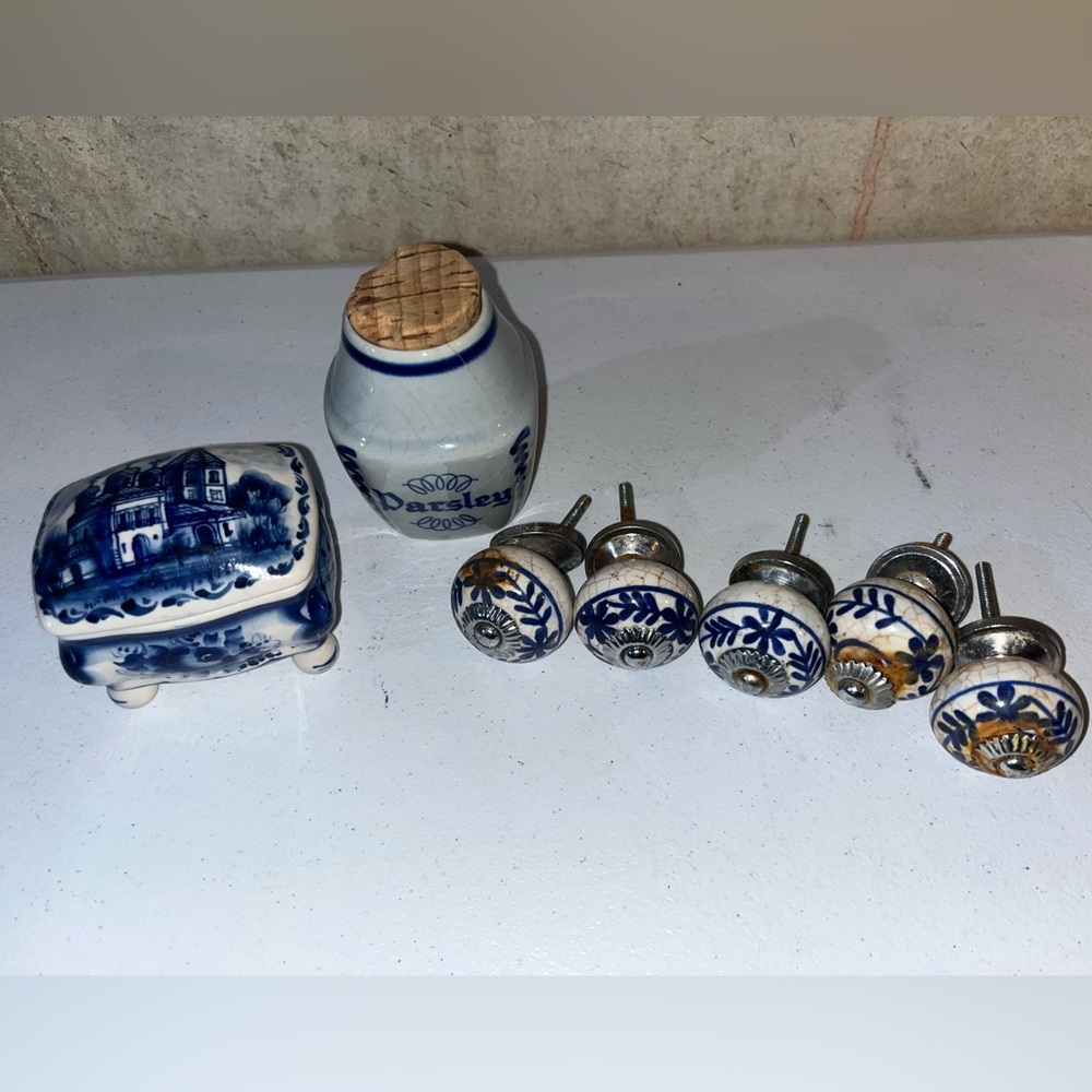Vintage blue glass, trinket box parsley, canister knobs
